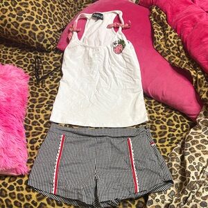 Sourpuss White Tank Top and Black Gingham Shorts Set. Size s